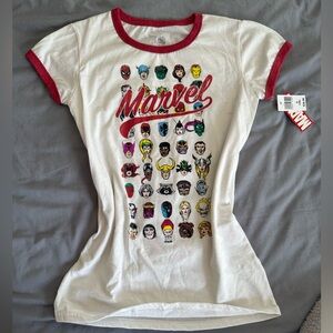 NWT Marvel White Tee with Red Trim and Character Graphics